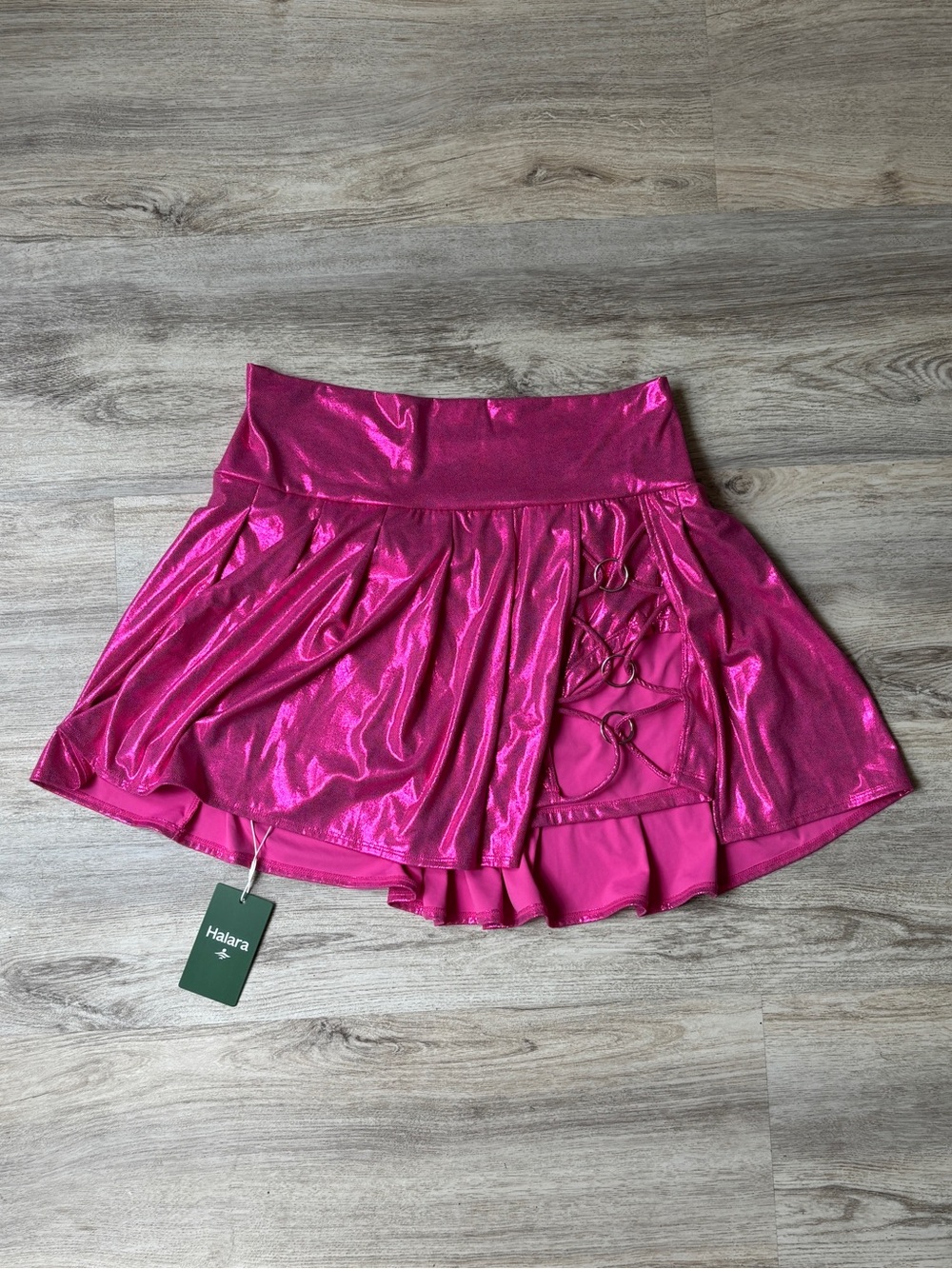 Halara Pink Shimmer pleated skirt skort thigh straps NWT